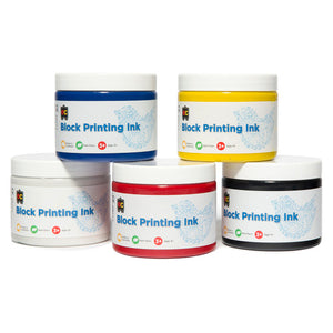 Educational Colours Block Printing Ink 250ml set of 6 jars including Black, Blue, Red, Yellow and White on a white background