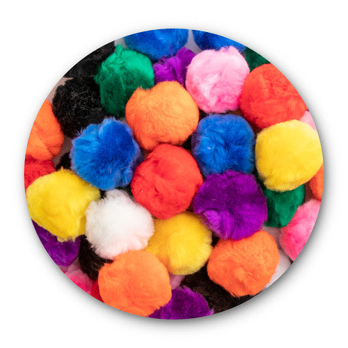 Educational Colours Bright Pom Poms Pack of 300. Close-up of assorted bright coloured pom poms from the Educational Colours 300-piece pack.