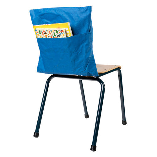 Educational Colours blue chair bag attached to a classroom chair, showing 420x440mm fit and 260mm pocket depth