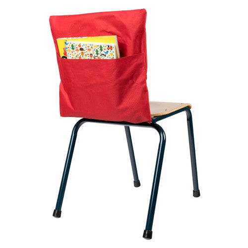 Educational Colours red chair bag attached to a standard classroom chair, showing 420x440mm fit and 260mm pocket depth