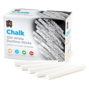 Educational Colours white dustless chalk sticks box of 100, each stick 8cm long and 0.8cm in diameter