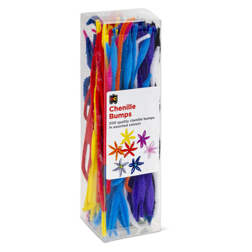 Educational Colours Chenille Bumps pack of 200 in assorted colours, each bump 300mm x 6mm, arranged on a white background