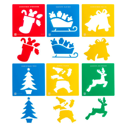 Educational Colours Christmas Stencils Set of 6, thick plastic, 200x200mm, showing positive and negative designs
