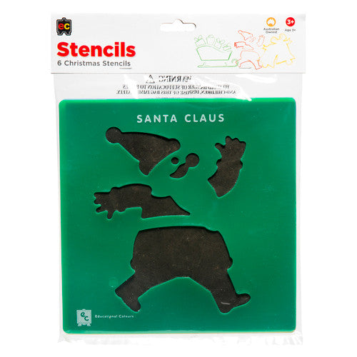 Six Christmas-themed plastic stencils laid flat, suitable for paint, markers, and chalk craft projects
