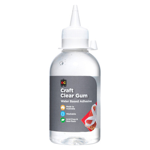 Educational Colours Clear Craft Gum Water Based Adhesive 250ml. Educational Colours Clear Craft Gum 250ml water-based adhesive bottle.