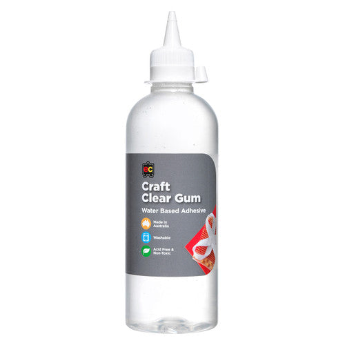 Educational Colours Clear Craft Gum Water Based Adhesive 500ml. Educational Colours Clear Craft Gum 500ml water-based adhesive bottle, Australian made.