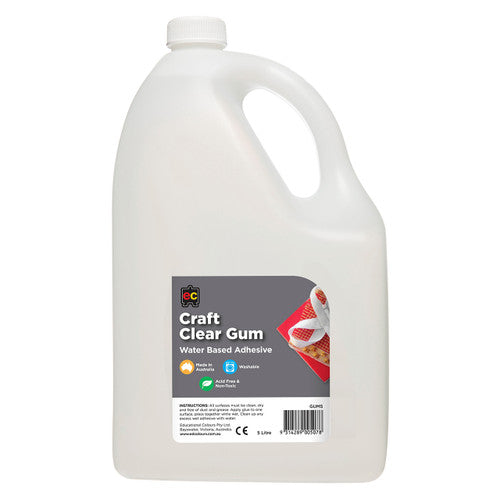 Educational Colours Clear Craft Gum Water Based Adhesive 5L. Educational Colours Clear Craft Gum 5-litre water-based adhesive bottle, Australian made.