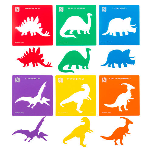 Educational Colours Dinosaur Stencils Set of 6 laid flat showing all six plastic stencils