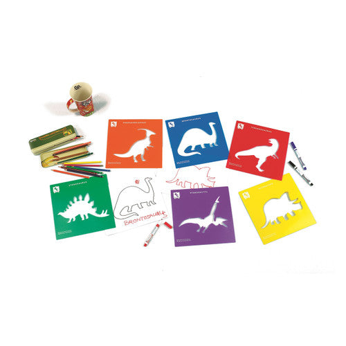 Educational Colours Dinosaur Stencils Set of 6. Close-up of a 240mm x 240mm dinosaur stencil showing positive and negative design detail.