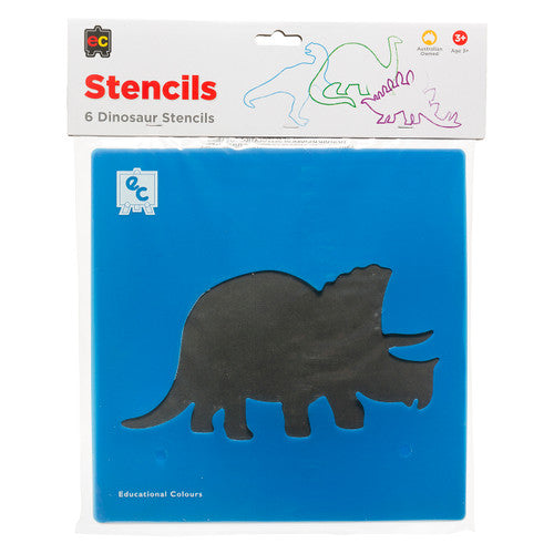 Educational Colours Dinosaur Stencils Set of 6. Child using Educational Colours dinosaur stencil with paint on paper.