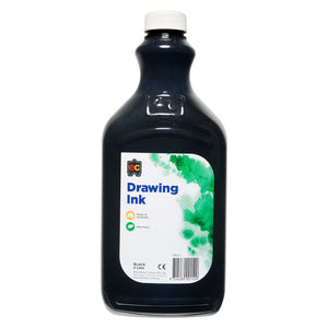 Front catalogue view of Educational Colours Drawing Ink 2L Black on a clean white background. The large black bottle has a white screw cap and clearly presented product label, providing a simple view