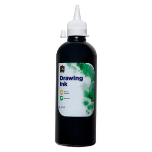 Front product view of Educational Colours Drawing Ink 500ml Black on a clean white background. The dark bottle features a white precision dispensing cap and branded label identifying the drawing ink, Australian made origin and non toxic formulation, providing a clear catalogue view of the black 500ml format.