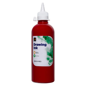 Front product view of Educational Colours Drawing Ink 500ml Brick Red against a clean white background. The large red ink bottle features a white precision dispensing cap and clearly visible Brick