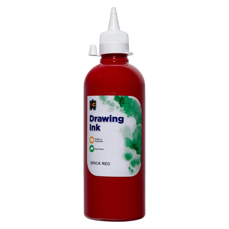 Front product view of Educational Colours Drawing Ink 500ml Brick Red against a clean white background. The large red ink bottle features a white precision dispensing cap and clearly visible Brick Red product label, providing straightforward product identification for classroom, studio and home art supplies.