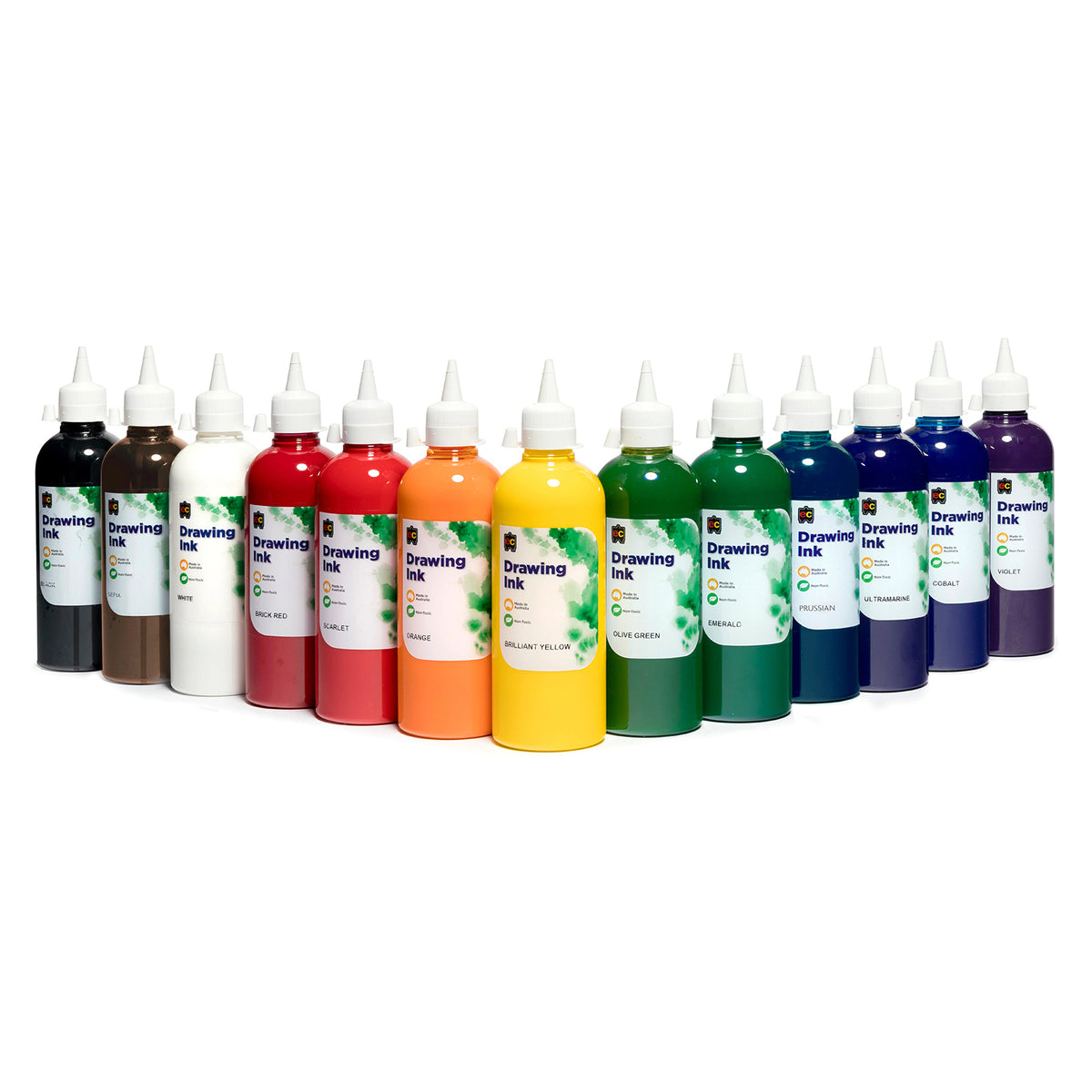 Assorted Educational Colours Drawing Ink bottles arranged together on a clean white background. The range includes Brick Red alongside black, sepia, white, scarlet, orange, yellow, green, blue and violet colours, presenting a versatile intermixable selection for drawing, painting, calligraphy and mixed media activities.