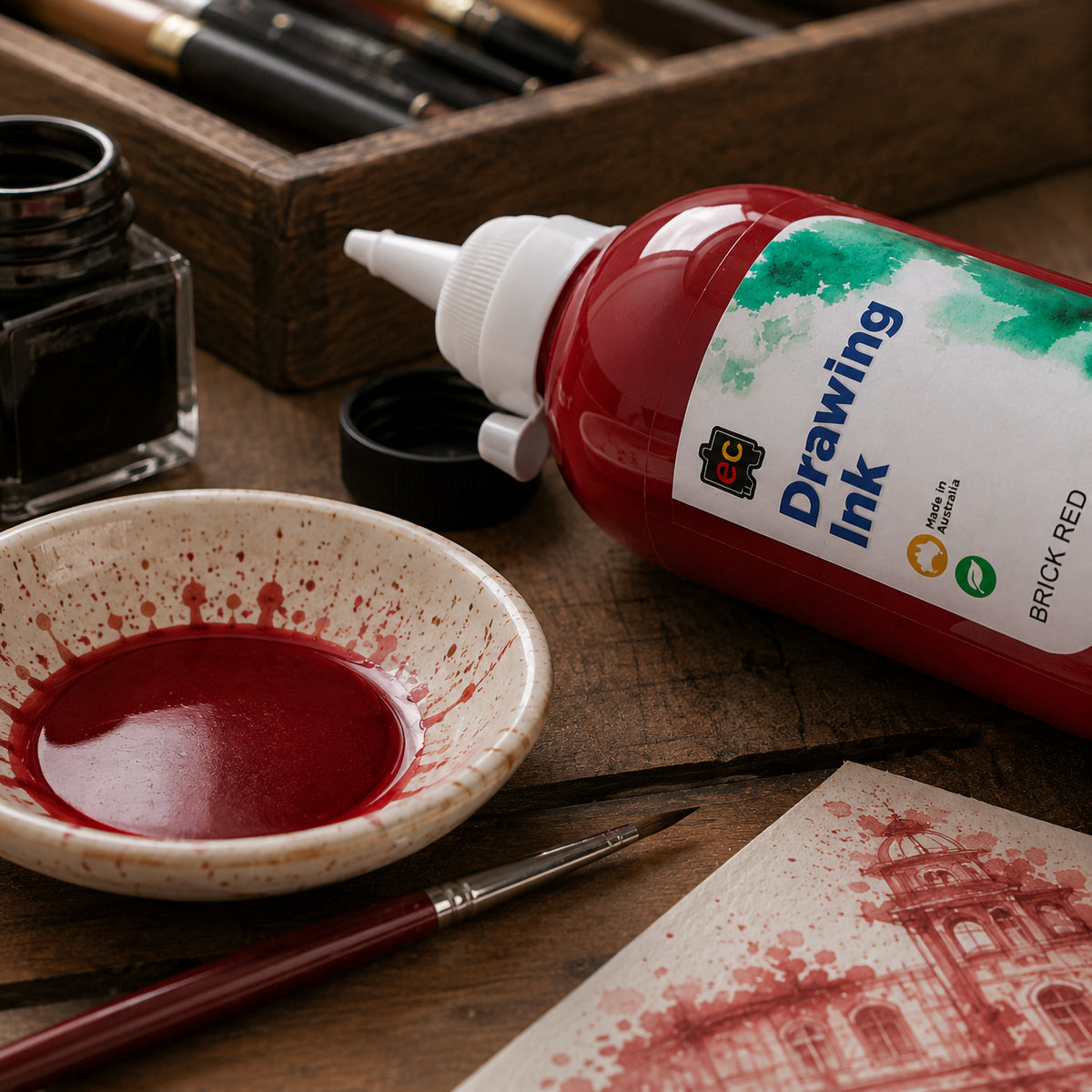 Close up lifestyle view of Educational Colours Brick Red Drawing Ink 500ml beside a ceramic dish filled with deep red ink. A fine brush and architectural artwork sit across the timber studio surface, highlighting the rich pigmentation and warm Brick Red colour for detailed illustration, linework and expressive washes.