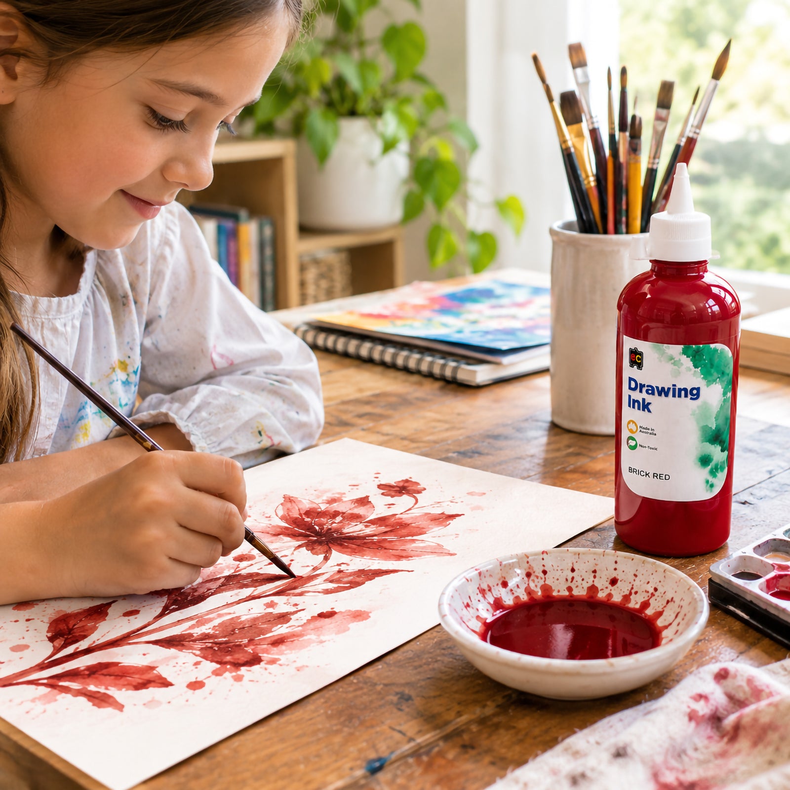 Young artist using Educational Colours Drawing Ink 500ml Brick Red with a fine brush to paint a detailed red floral composition on paper. The Brick Red bottle stands beside a ceramic ink dish on a bright timber art table, demonstrating its rich colour for painting, illustration and creative classroom projects.