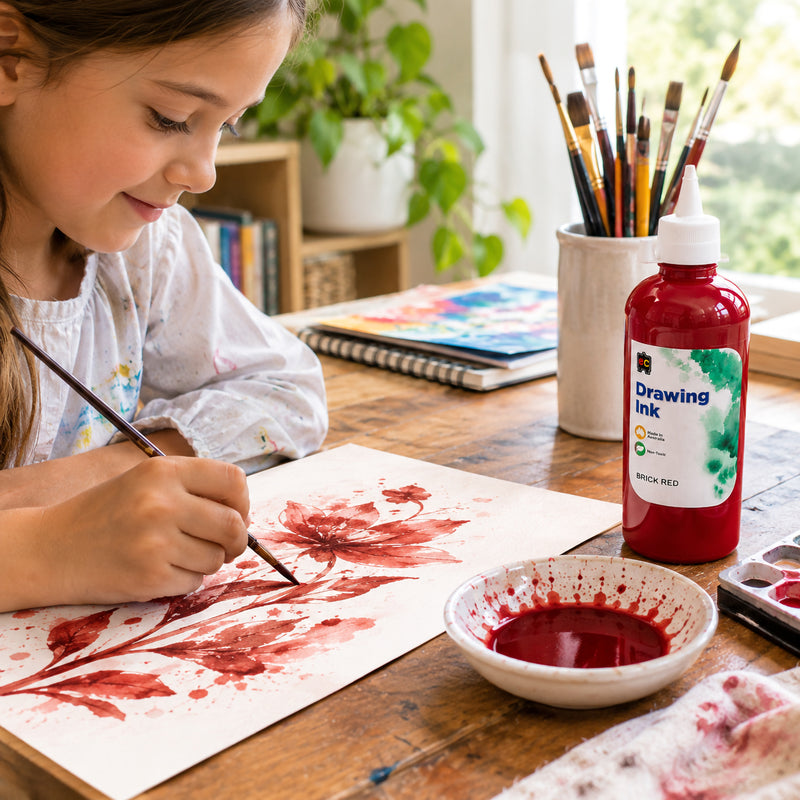 Young artist using Educational Colours Drawing Ink 500ml Brick Red with a fine brush to paint a detailed red floral composition on paper. The Brick Red bottle stands beside a ceramic ink dish on a bright timber art table, demonstrating its rich colour for painting, illustration and creative classroom projects.
