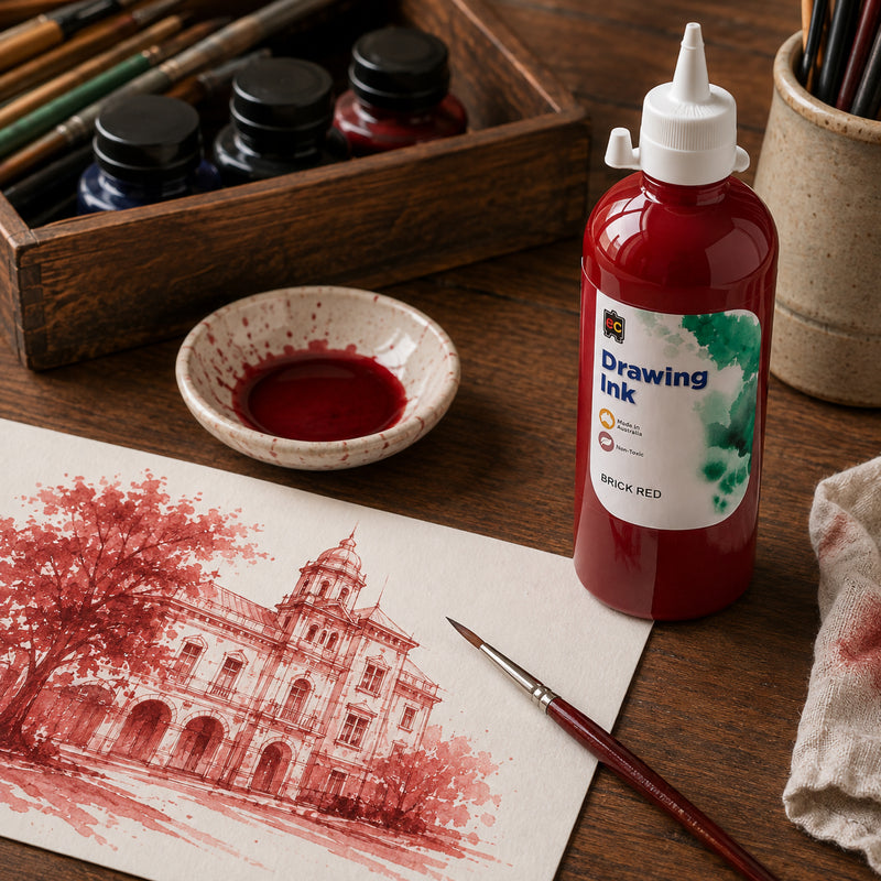 Educational Colours Drawing Ink 500ml Brick Red displayed upright beside a completed architectural illustration created in layered red tones. The studio scene includes a ceramic ink dish, paintbrushes and organised art materials, showing how Brick Red can bring distinctive warmth and definition to detailed creative work.