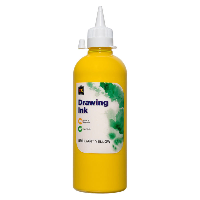 Front product image of Educational Colours Drawing Ink 500ml Brilliant Yellow against a clean white background. The vibrant yellow bottle features a precision dispensing cap and clearly visible branded label identifying the Brilliant Yellow colour, Australian made origin and non toxic formulation for easy online product identification.