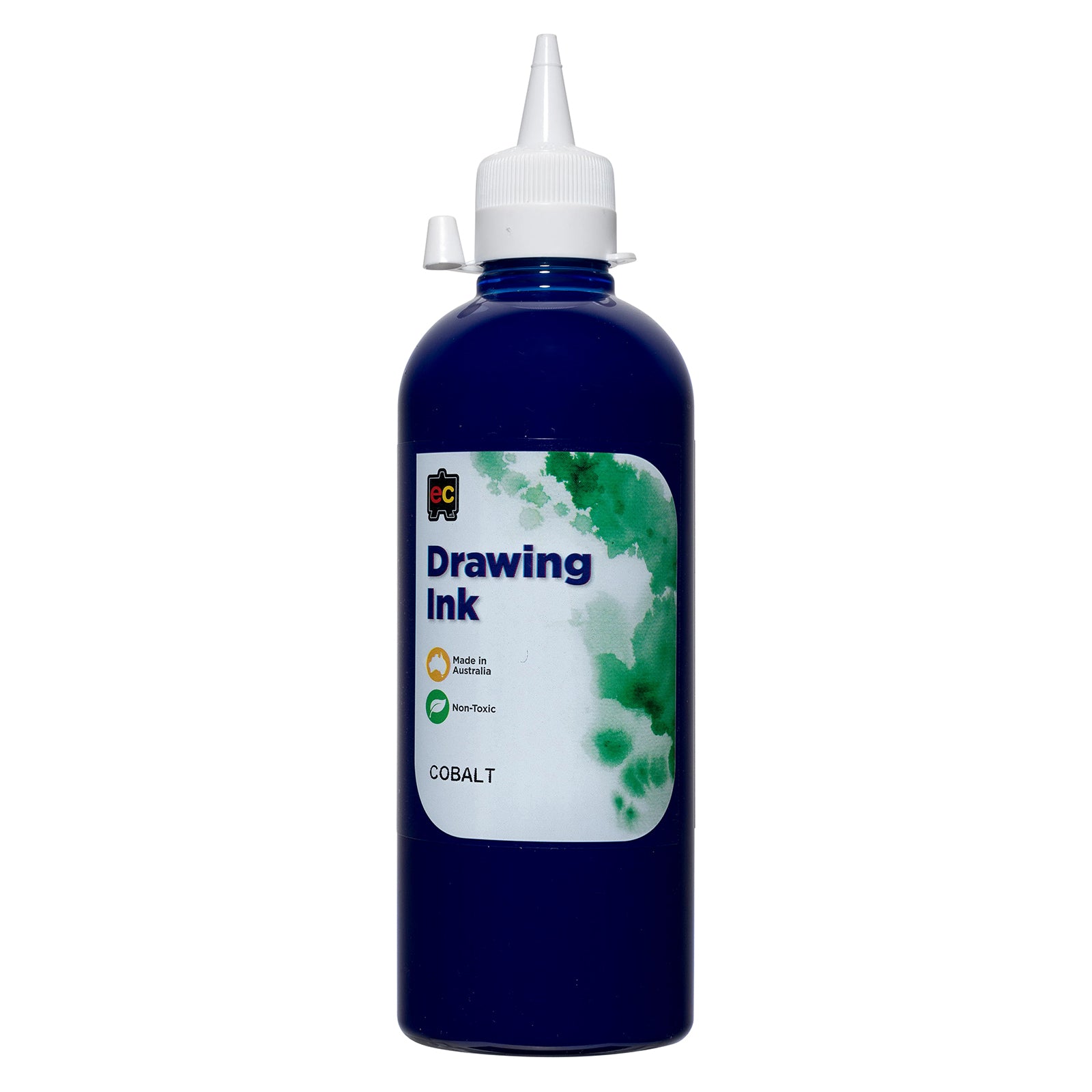 Front product view of Educational Colours Drawing Ink 500ml Cobalt against a clean white background. The deep Cobalt blue bottle features a white precision dispensing cap and clearly visible Educational Colours Drawing Ink label, providing a simple catalogue view of the Australian made art ink.