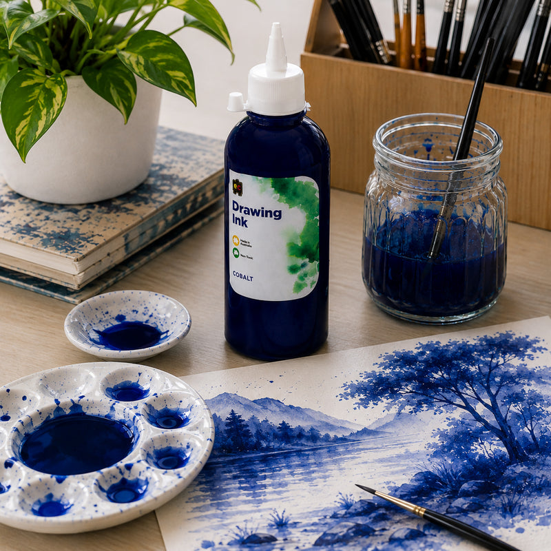 Educational Colours Drawing Ink 500ml Cobalt standing on an organised artist workspace beside a finished blue landscape featuring water, distant mountains and trees. A palette, fine brush and glass ink jar complement the scene, demonstrating how Cobalt can produce deep details, softer washes and varied tonal effects.
