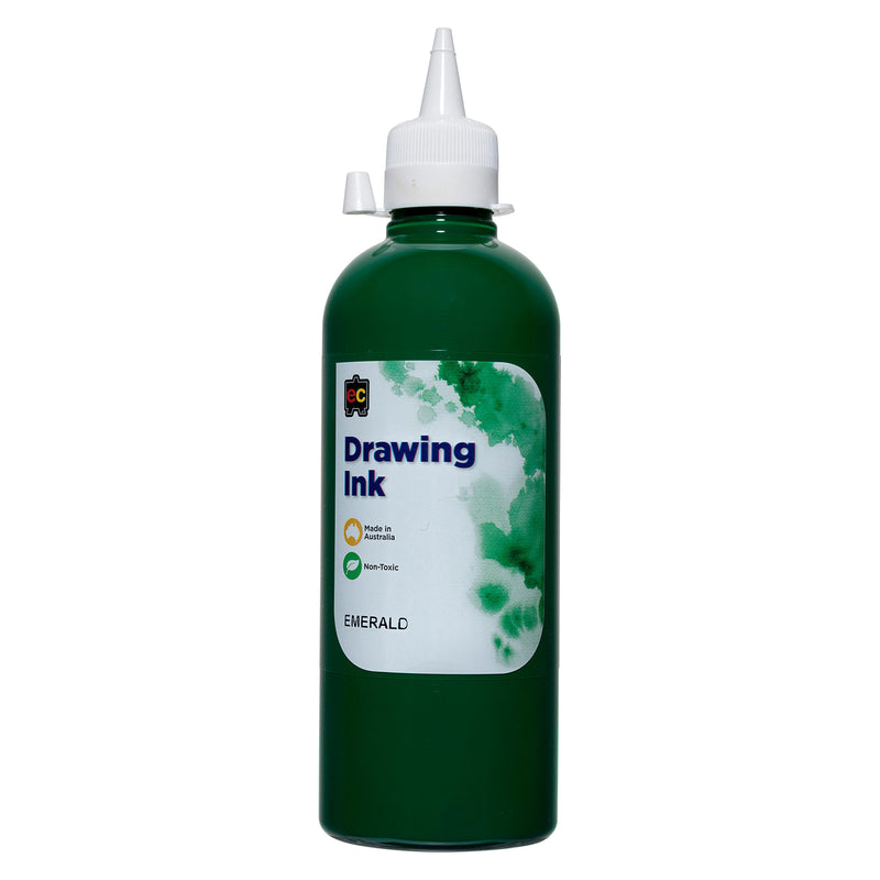 Front catalogue view of Educational Colours Drawing Ink 500ml Emerald presented against a clean white background. The deep green bottle has a white precision dispensing cap and clearly visible Emerald label, providing a clear product reference for the Australian made highly pigmented drawing ink.
