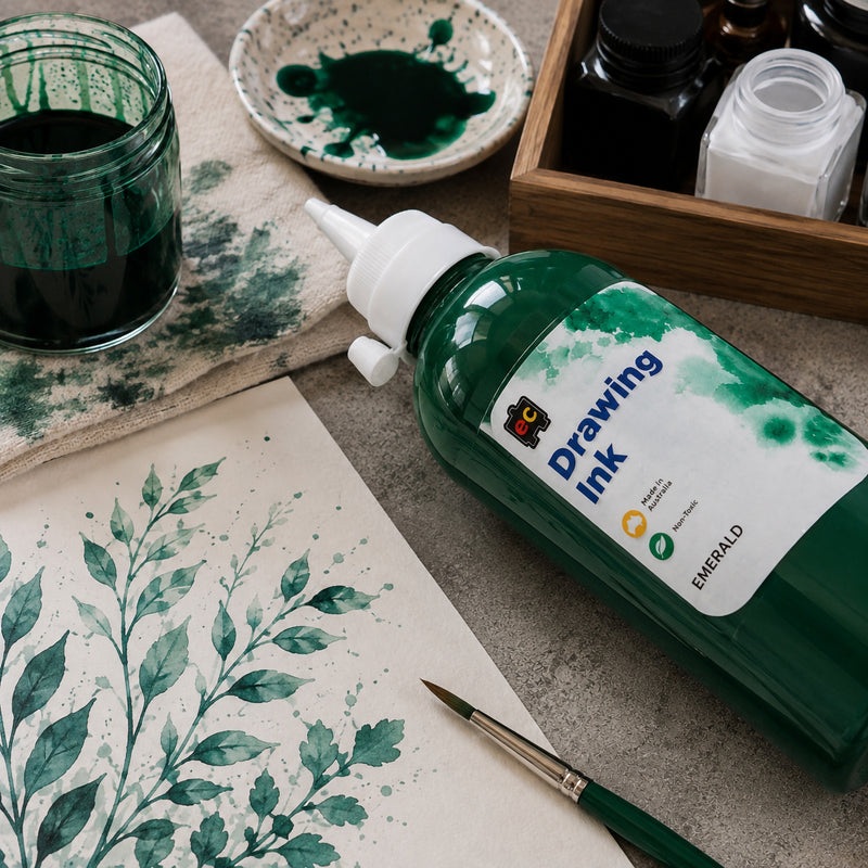 Close up creative workspace showing Educational Colours Drawing Ink 500ml Emerald beside a delicate green botanical illustration. The bottle rests near an ink jar, mixing dish, brushes and artist supplies, highlighting the rich Emerald tone and its suitability for detailed leaves, fine stems and expressive watercolour style effects.