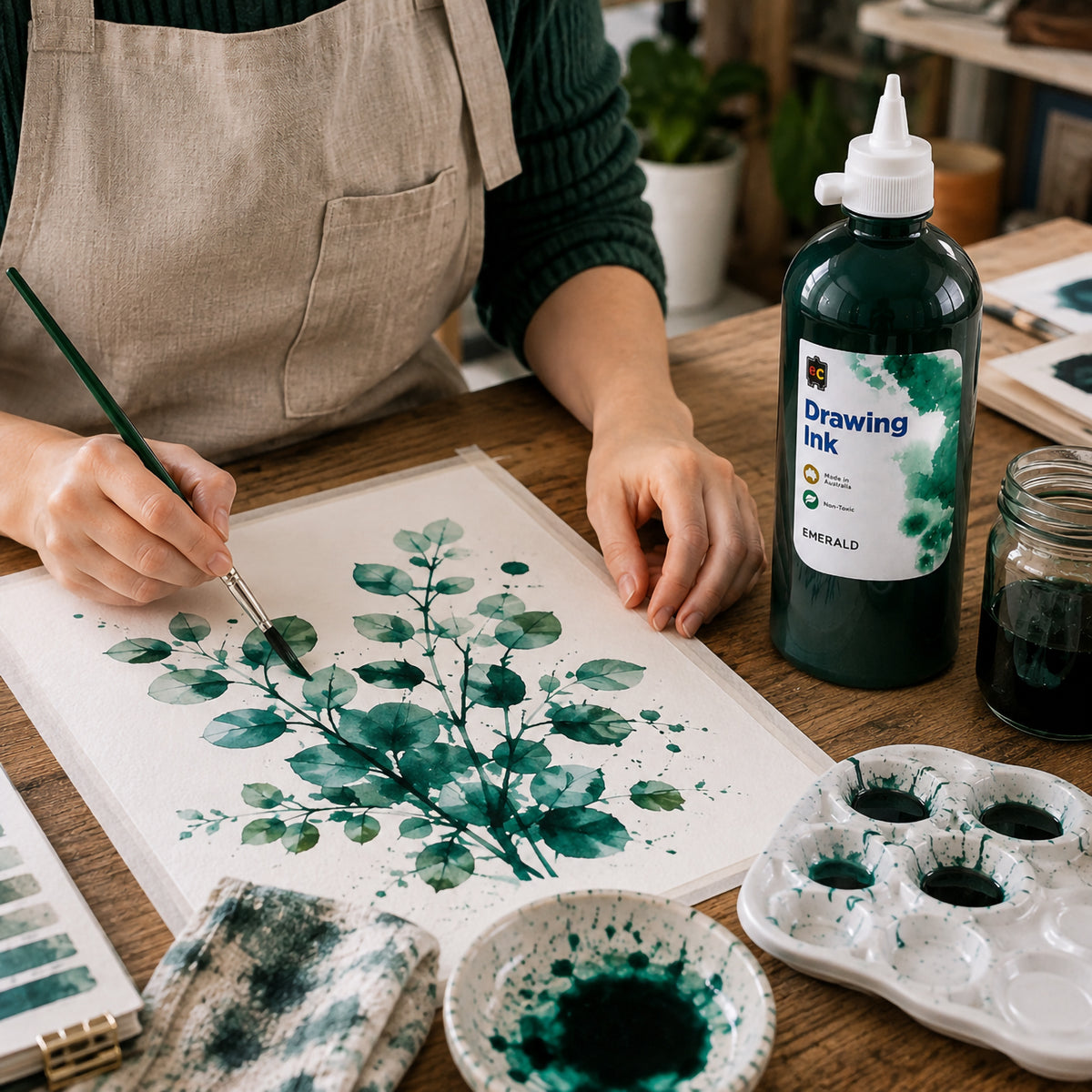 Artist painting detailed green eucalyptus style foliage using Educational Colours Drawing Ink 500ml Emerald at a wooden studio table. The Emerald bottle stands beside mixing dishes, a palette and green ink while layered leaves demonstrate the colour range achievable through controlled brushwork and diluted washes.