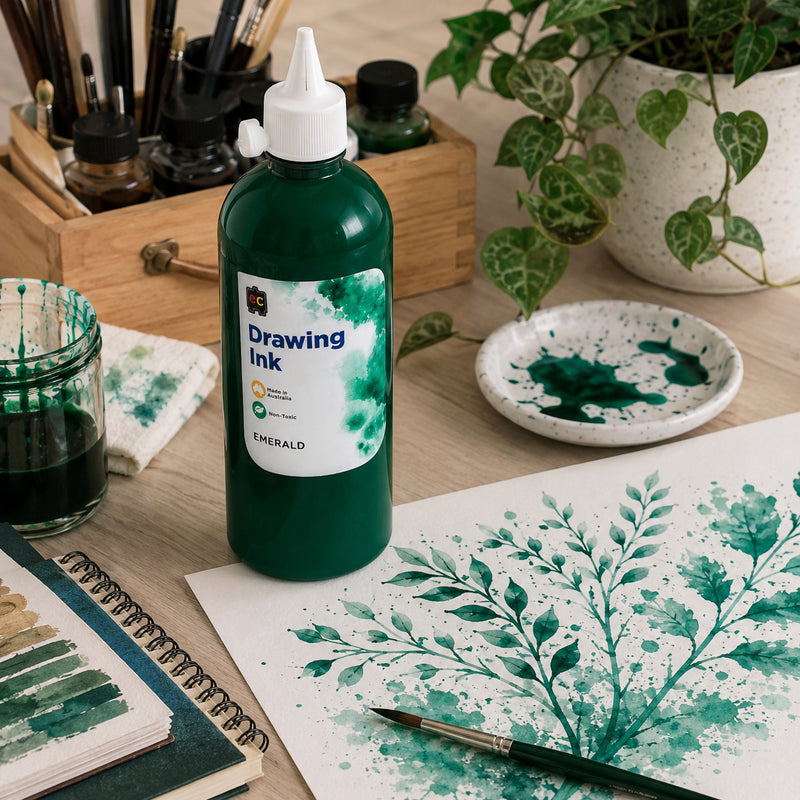 Educational Colours Drawing Ink 500ml Emerald displayed upright in an artist studio beside a completed green botanical painting. A brush, ink container, mixing dish and colour swatches surround the bottle while indoor foliage complements the nature inspired scene and demonstrates the ink for botanical artwork and tonal experimentation.