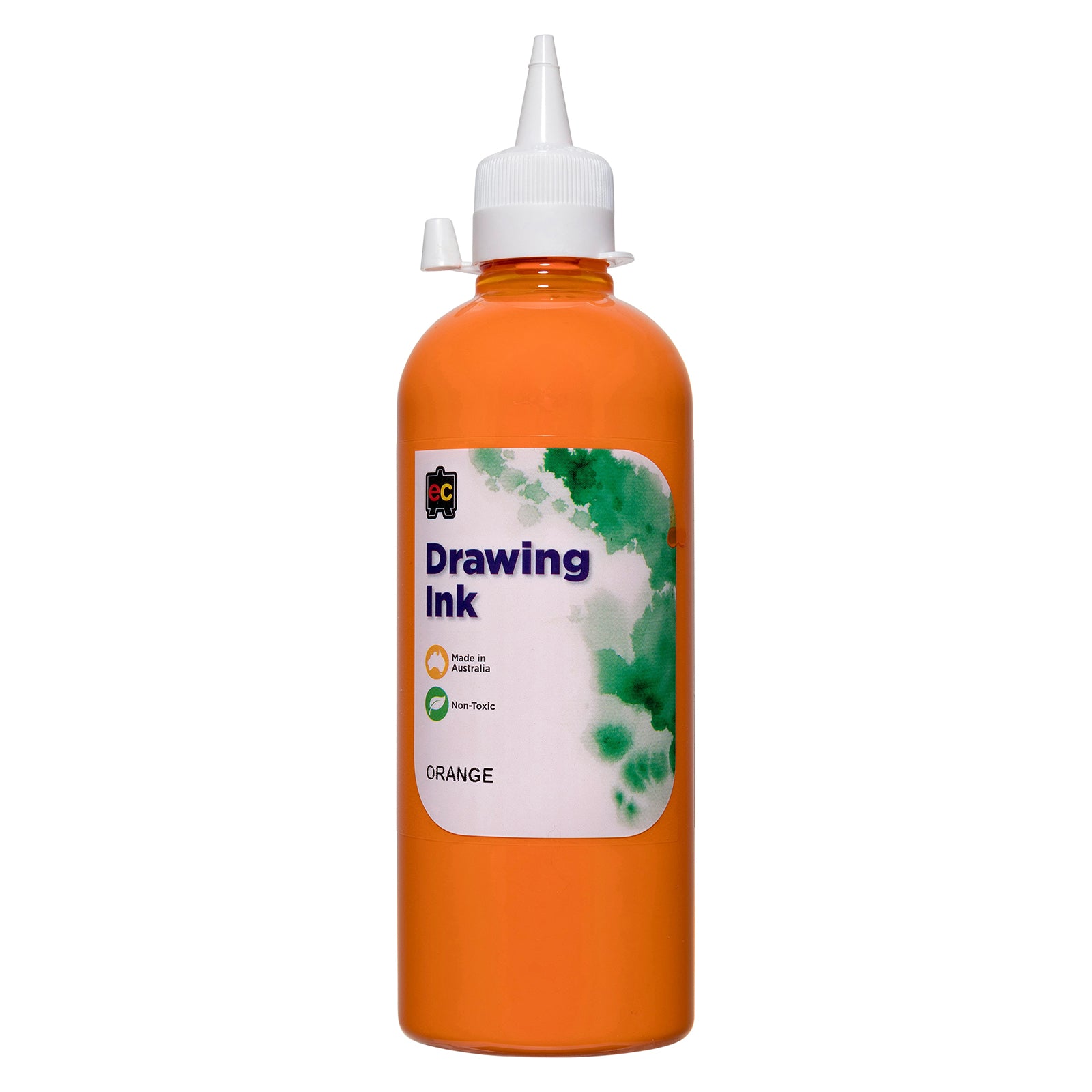 Front product view of Educational Colours Drawing Ink 500ml Orange against a clean white background. The bright Orange bottle features a white precision dispensing cap and clearly presented product label, providing a straightforward catalogue image of the Australian made drawing ink.