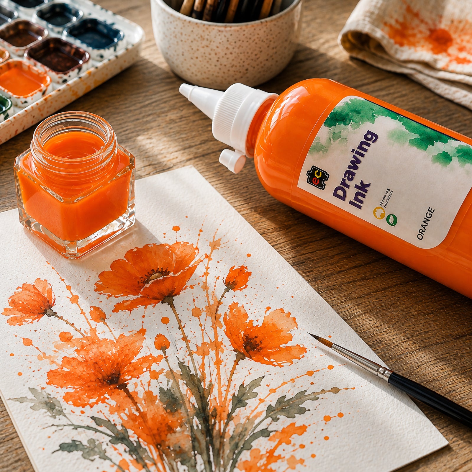 Close up studio arrangement featuring Educational Colours Drawing Ink 500ml Orange beside a vibrant floral painting. An open ink jar, fine brush, palette and art materials surround the bottle, highlighting the strong Orange pigmentation used for layered petals, splattered accents and expressive botanical illustration.