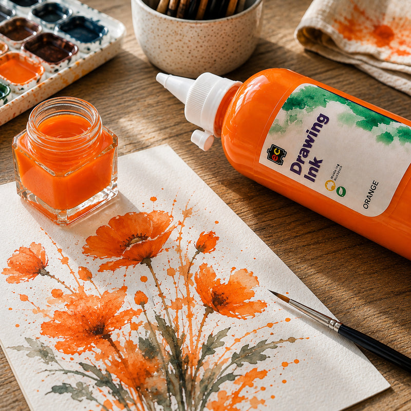 Close up studio arrangement featuring Educational Colours Drawing Ink 500ml Orange beside a vibrant floral painting. An open ink jar, fine brush, palette and art materials surround the bottle, highlighting the strong Orange pigmentation used for layered petals, splattered accents and expressive botanical illustration.