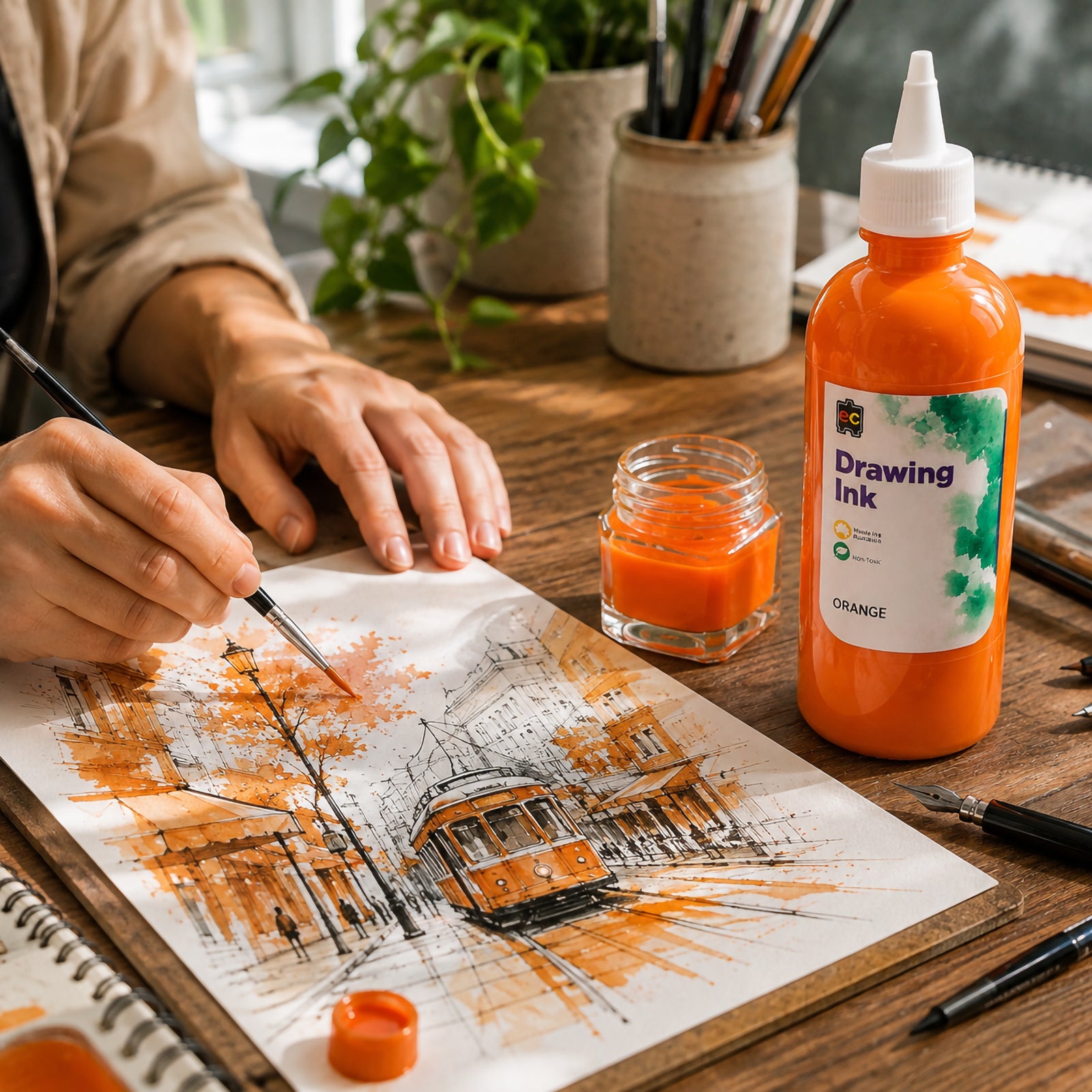 Artist using a fine brush with Educational Colours Drawing Ink 500ml Orange to add vivid colour to a detailed urban tram illustration. The Orange ink bottle and mixing jar sit beside the artwork on a wooden studio table, demonstrating controlled brush application for architectural sketches, washes and expressive creative details.
