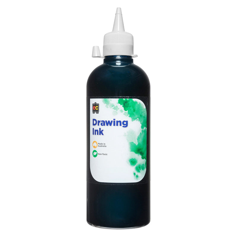 Front view of Educational Colours Drawing Ink 500ml Prussian Blue on a clean white background. The dark blue bottle features a white precision dispensing cap and recognisable Educational Colours Drawing Ink label, providing a clear catalogue view of the Australian made 500ml art ink.