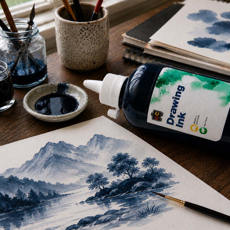 Close up creative workspace featuring Educational Colours Drawing Ink 500ml Prussian Blue beside a monochromatic mountain and lakeside landscape. A fine brush, mixing dish, ink containers and blue colour studies surround the bottle, highlighting the rich tonal range achievable for detailed illustration and expressive washes.
