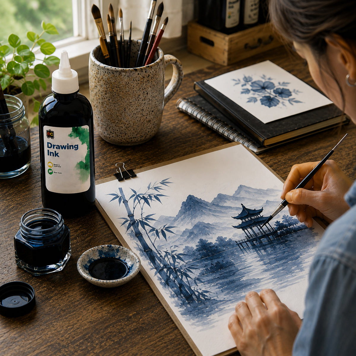 Artist using a fine brush with Educational Colours Drawing Ink 500ml Prussian Blue to develop a detailed landscape featuring bamboo, mountains, water and traditional architecture. The bottle and ink containers sit beside the artwork on a wooden studio table, demonstrating controlled brushwork and layered blue tones.
