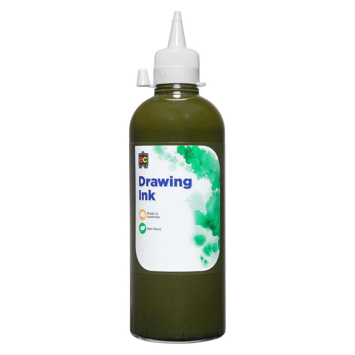 Front product view of Educational Colours Drawing Ink 500ml Sepia on a clean white background. The large bottle contains earthy brown sepia ink and features a white precision dispensing cap with the Educational Colours Drawing Ink label visible, providing clear product identification for classroom, studio and creative use.