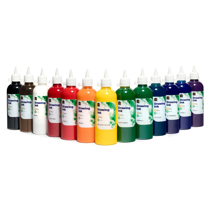 Assorted Educational Colours Drawing Ink bottles displayed together against a clean white background, showing Sepia alongside black, white, reds, orange, yellow, greens, blues and violet. The broad intermixable colour range provides versatile options for drawing, painting, calligraphy, illustration and mixed media projects.