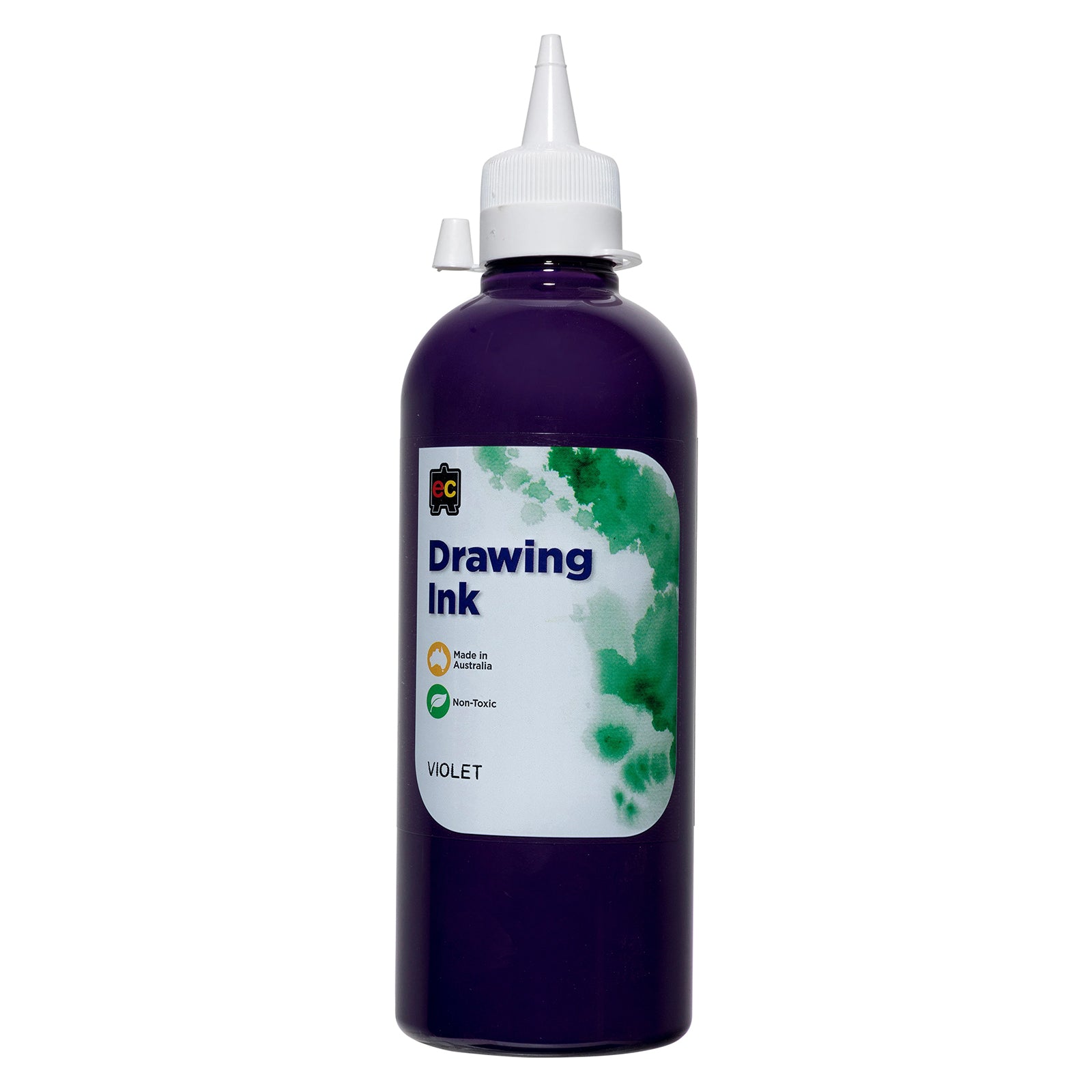 Front product view of Educational Colours Drawing Ink 500ml Violet on a clean white background. The deep violet bottle features a white precision dispensing cap and clearly presented Violet product label, providing a straightforward catalogue view of the Australian made drawing ink.