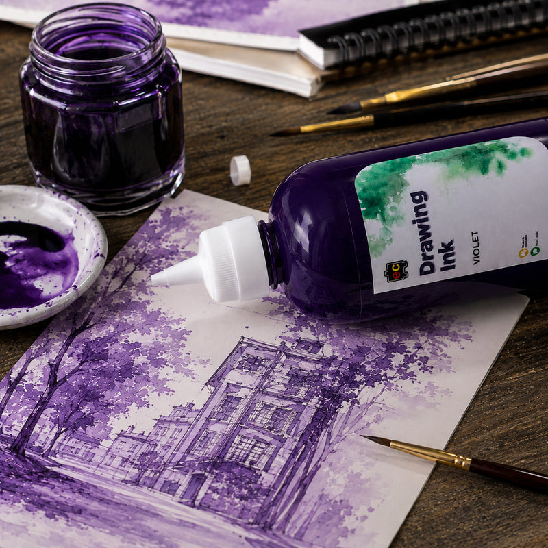 Close up studio scene featuring Educational Colours Drawing Ink 500ml Violet positioned beside a detailed purple architectural illustration. Fine brushes, an open violet ink container and mixing dish surround the artwork, highlighting the deep colour and versatility of the ink for intricate drawing, washes and illustrative techniques.