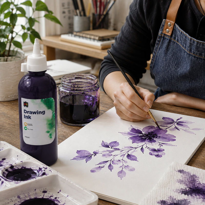 Artist using a fine brush with Educational Colours Drawing Ink 500ml Violet to paint a flowing purple floral composition on white art paper. The Violet ink bottle and open mixing container sit beside the artwork, demonstrating controlled brush application for detailed flowers, foliage and layered tonal effects.