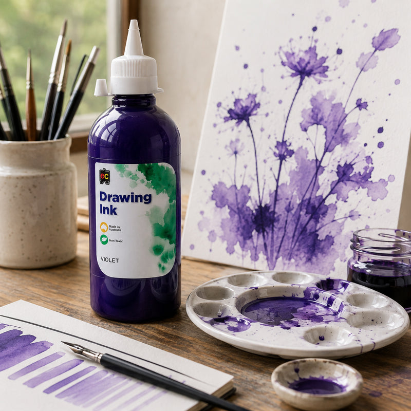 Educational Colours Drawing Ink 500ml Violet standing in a bright artist workspace beside an expressive purple floral painting. Brushes, a mixing palette, violet ink and tonal test swatches create a practical studio setting that showcases the ink for painting, illustration and creative colour experimentation.