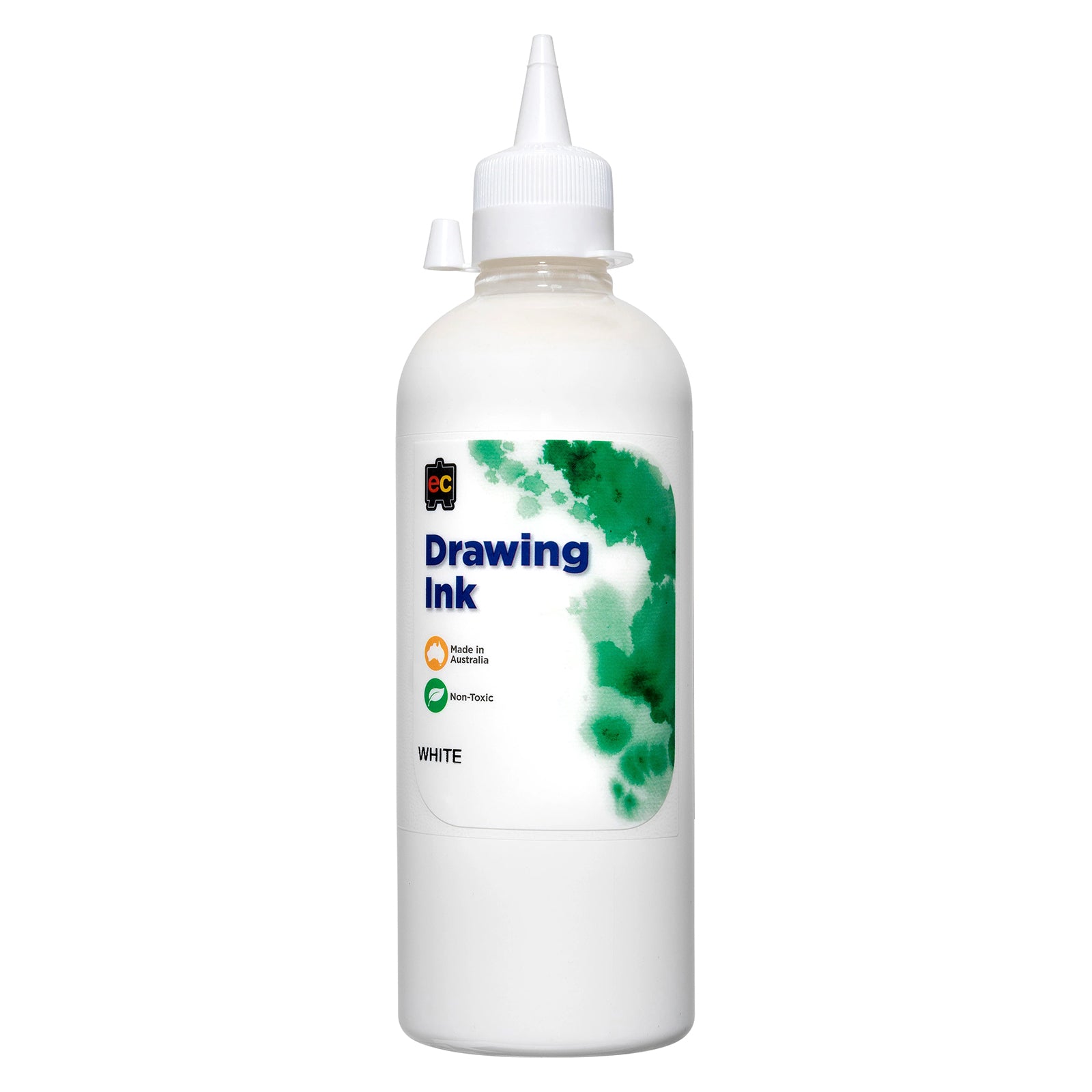 Front product view of Educational Colours Drawing Ink 500ml White on a clean white background. The large white ink bottle has a precision dispensing cap and clearly presented product label, providing a simple catalogue view of the Australian made white drawing ink for classroom, studio and home creative supplies.