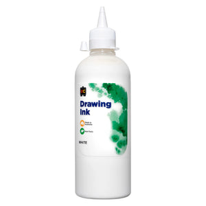 Front product view of Educational Colours Drawing Ink 500ml White on a clean white background. The large white ink bottle has a precision dispensing cap and clearly presented product label, providing