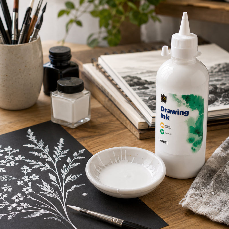 Educational Colours White Drawing Ink 500ml displayed upright in an artist workspace beside a ceramic dish of white ink and a finished botanical illustration on black paper. Brushes, sketchbooks and ink containers complete the studio setting, showing the product ready for detailed illustration, highlighting and decorative artwork.