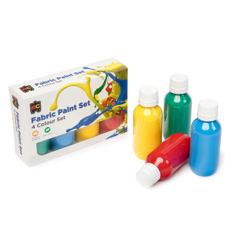 Educational Colours Fabric Paint 100ml bottles in red, yellow, sky blue, and forest green arranged together