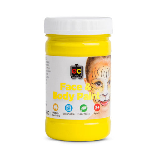 Educational Colours Face and Body Paint 175ml Yellow. Educational Colours Face and Body Paint 175ml in Yellow, front view of bottle.
