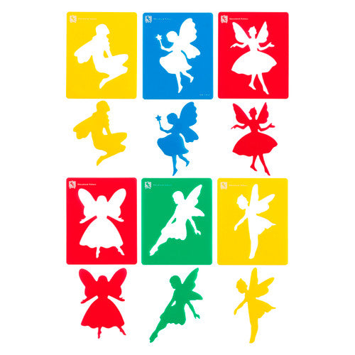 Educational Colours Fairy Stencils Set of 6 laid flat showing all six fairy character stencils in durable plastic