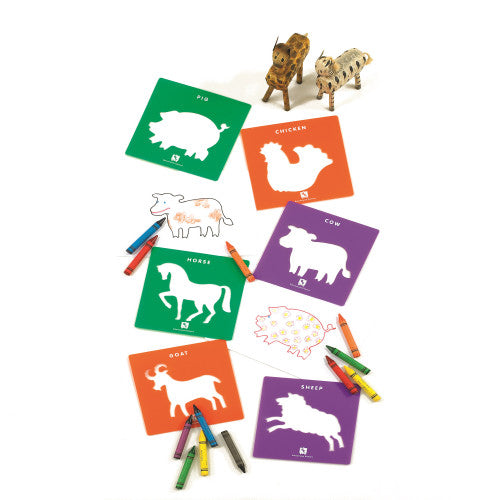 Educational Colours Farmyard Animals Stencils set of 6 laid out flat showing all animal designs
